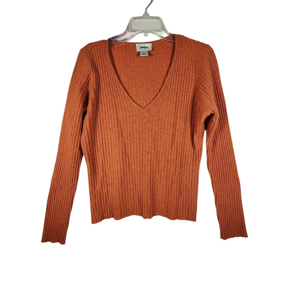 Neiman Marcus Womens XL 100% Cashmere Ribbed V Neck Sweater Orange Luxury Winter